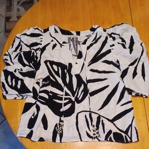 Christian Siriano Black and White  Peasant Blouse With Beaded Tassles Size M